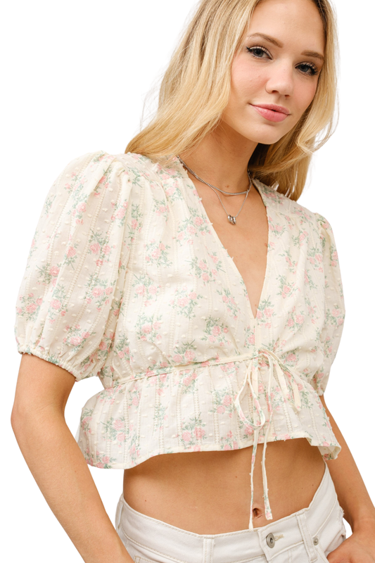 Puff Sleeve Floral Tie Front Peplum Top