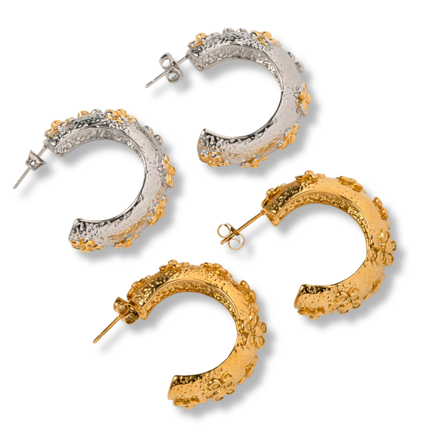 Chunky Floral Hammered Half Hoops