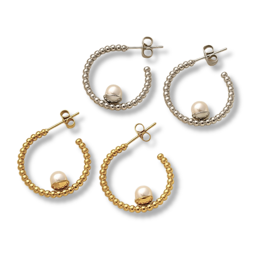 Sestra by Intro Stainless Steel Textured Hoop with Pearl Detail Earrings
