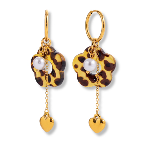 Stainless Steel Leopard Print Flower and Pearl Drop Heart Hoop Earrings