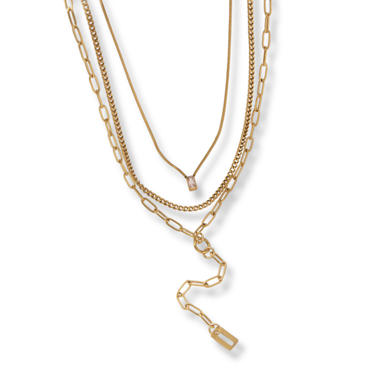 Sestra by Intro Stainless Steel Multi Layered Chain Necklace with CZ Pendant