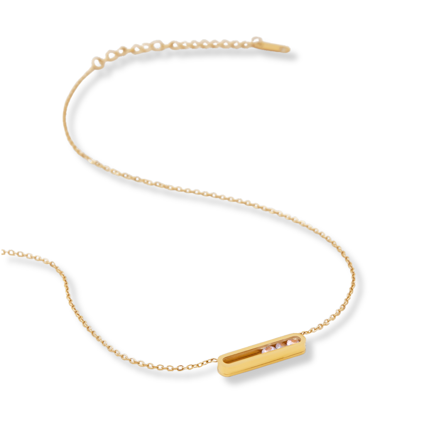 Stainless Steel Horizontal Rounded Oval Pendant Necklace with Free Floating CZs