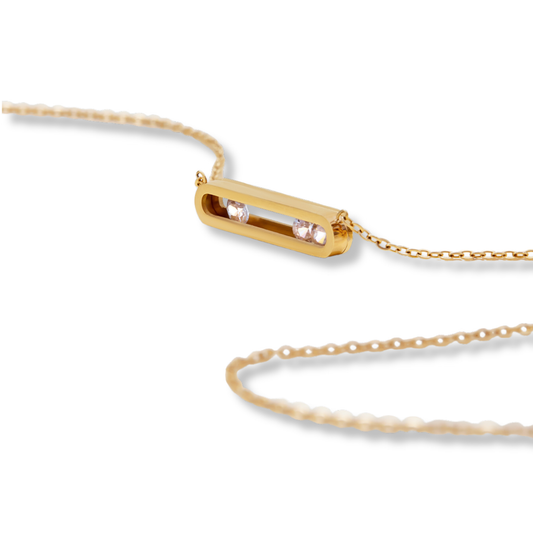 Stainless Steel Horizontal Rounded Oval Pendant Necklace with Free Floating CZs