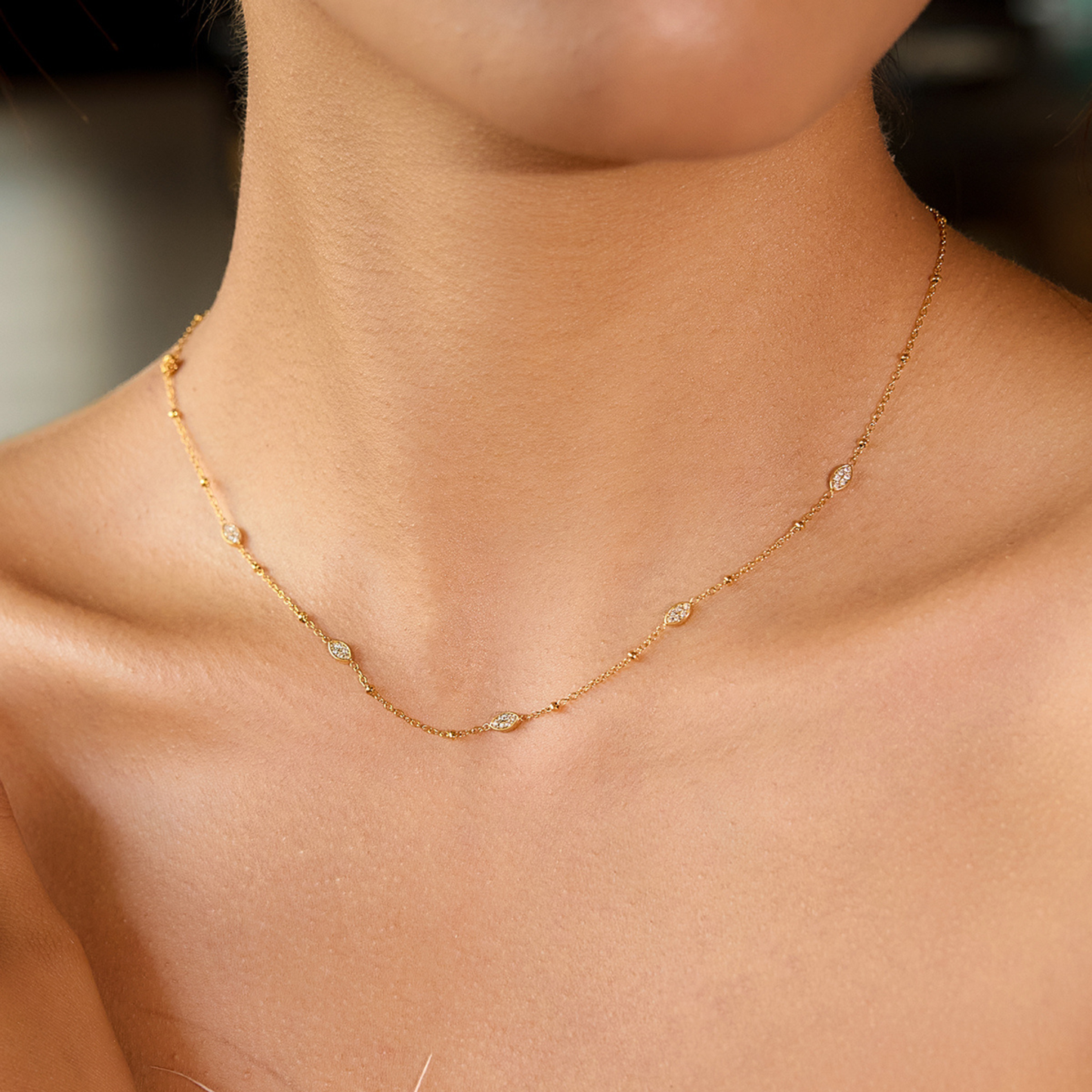 Sestra by Intro Stainless Steel Oval CZ's Station Dainty Necklace