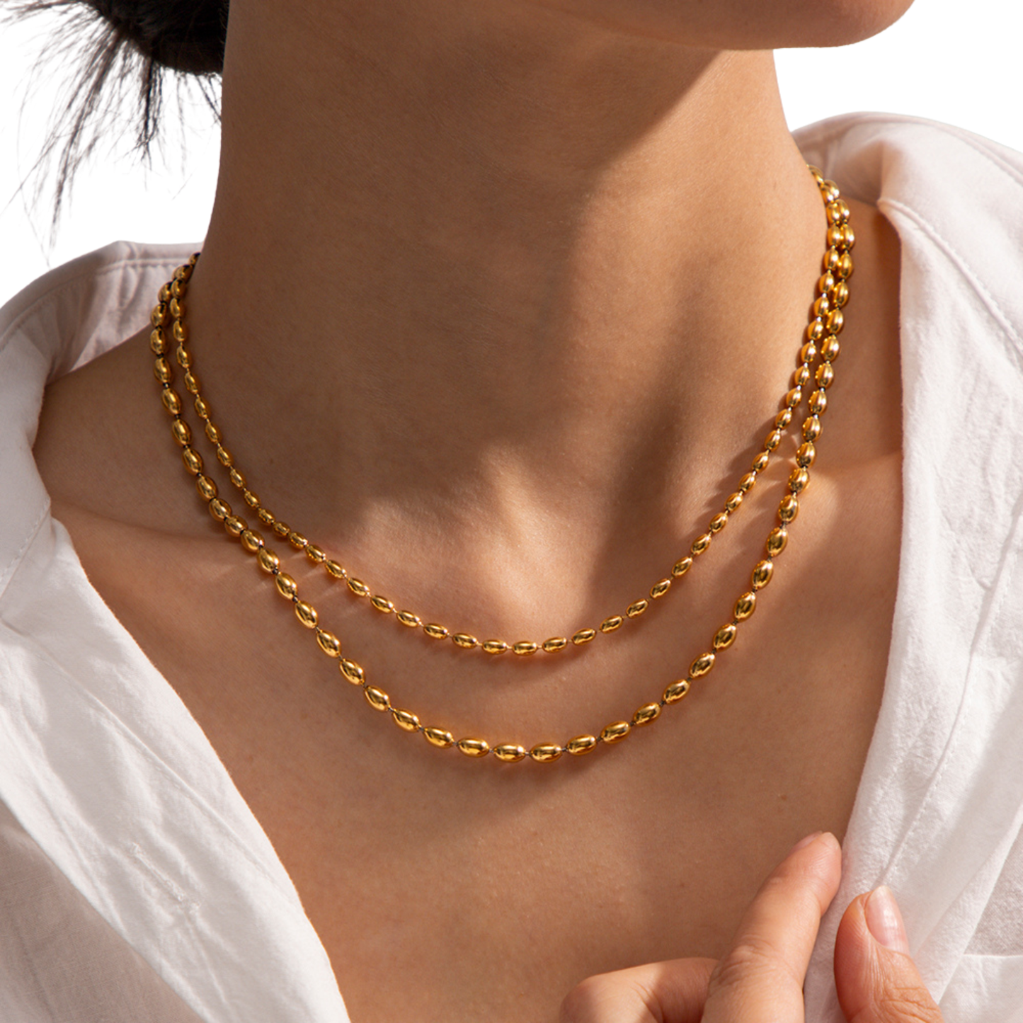 Stainless Steel Double Layer Oval Beaded Chain Necklace