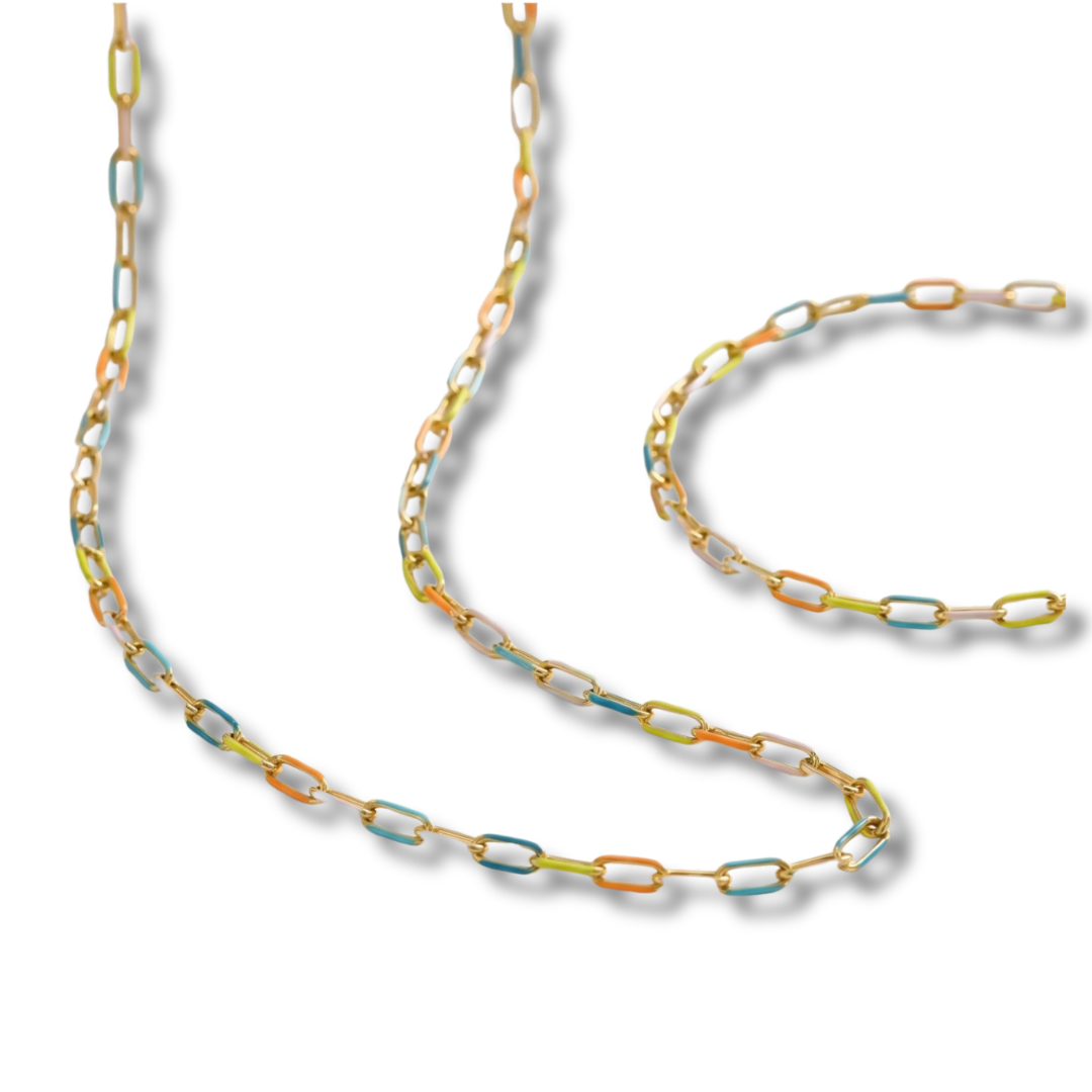 Sestra by Intro Stainless Steel Dainty Pastel Paper Clip Chain Necklace & Bracelet Set