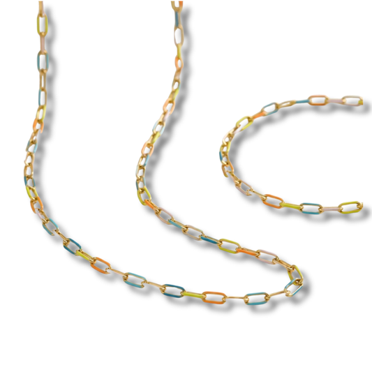 Sestra by Intro Stainless Steel Dainty Pastel Paper Clip Chain Necklace & Bracelet Set