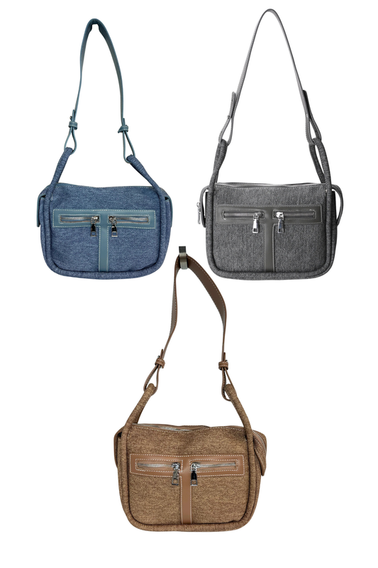 Soft Denim Double Front Zipper Bag with Handles and Shoulder Strap