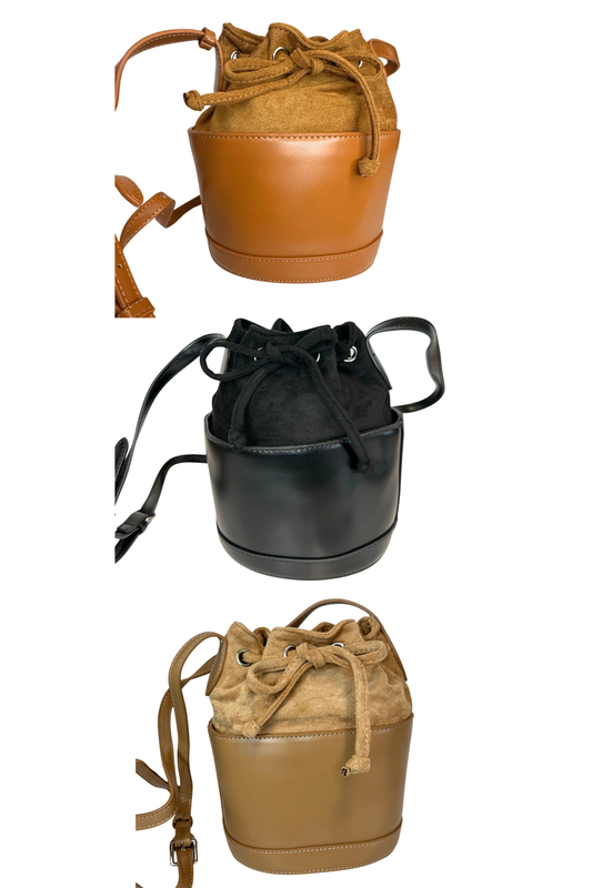 Faux Suede and Leather Bucket Bag with Tie Drawstring with Shoulder Strap