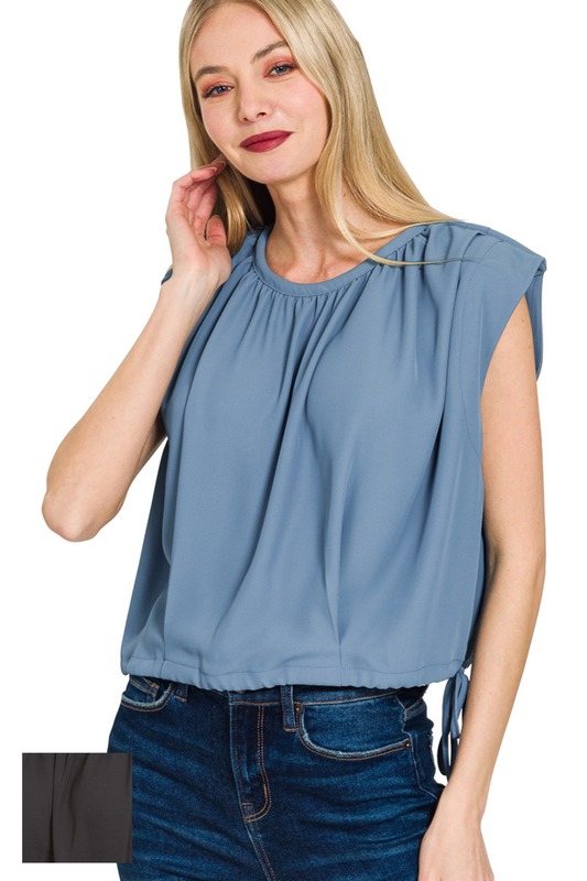 Woven Drawstring Tie Side Sleeveless Top