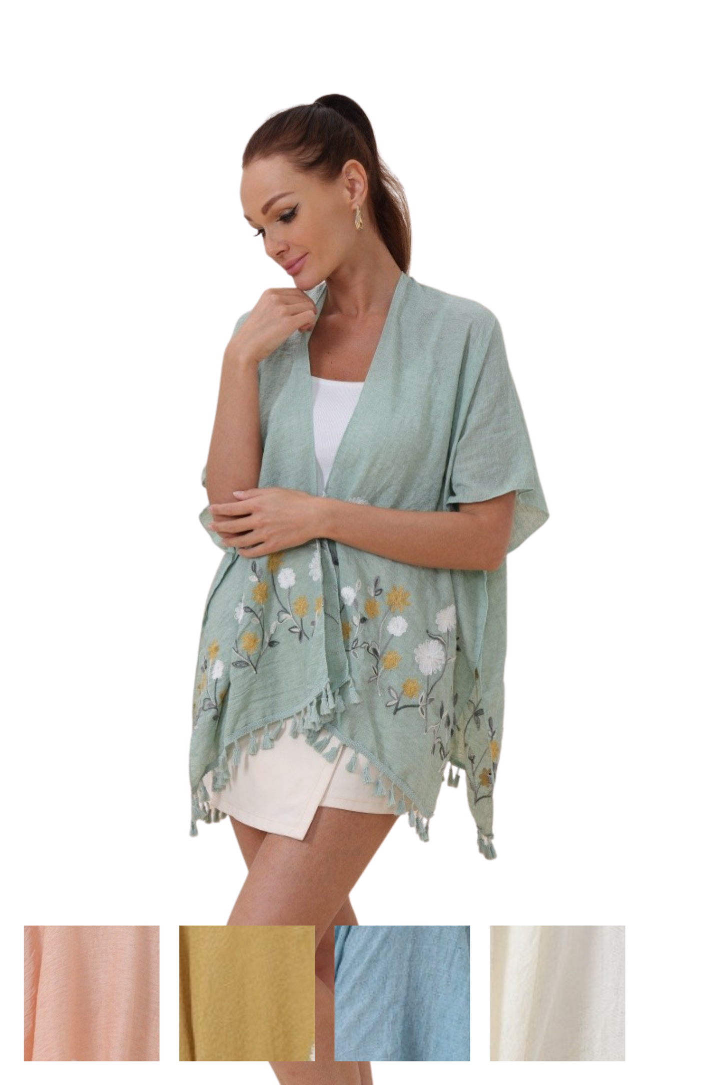 Floral Embroidered Tassel Hem Kimono