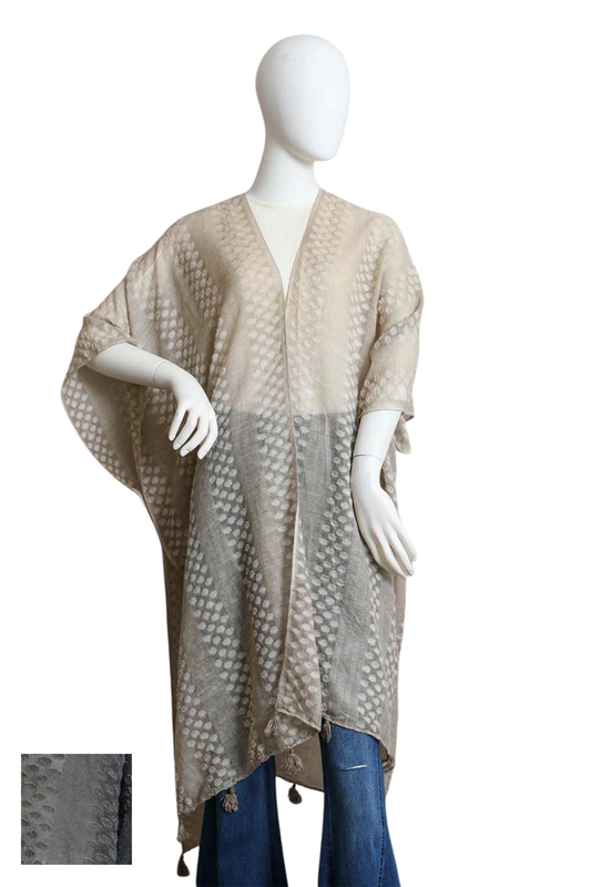 Pom Trimmed Jacquard Lightweight Open Kimono