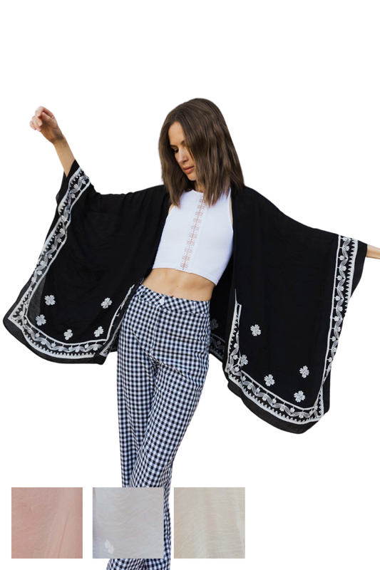 Floral Border Embroidered Kimono