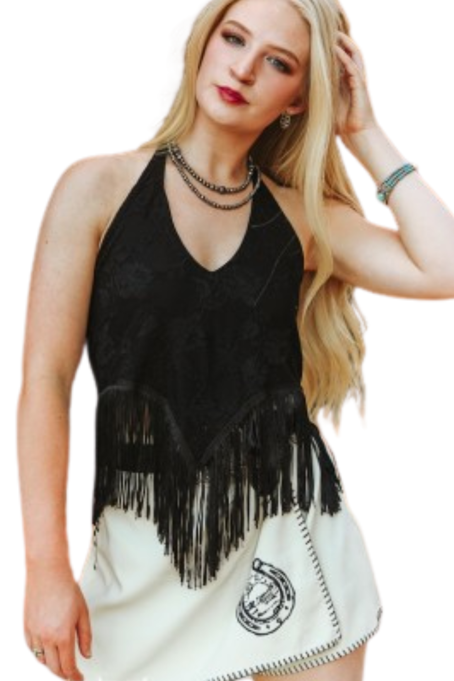 Black Lace Fringe Hem Halter Top