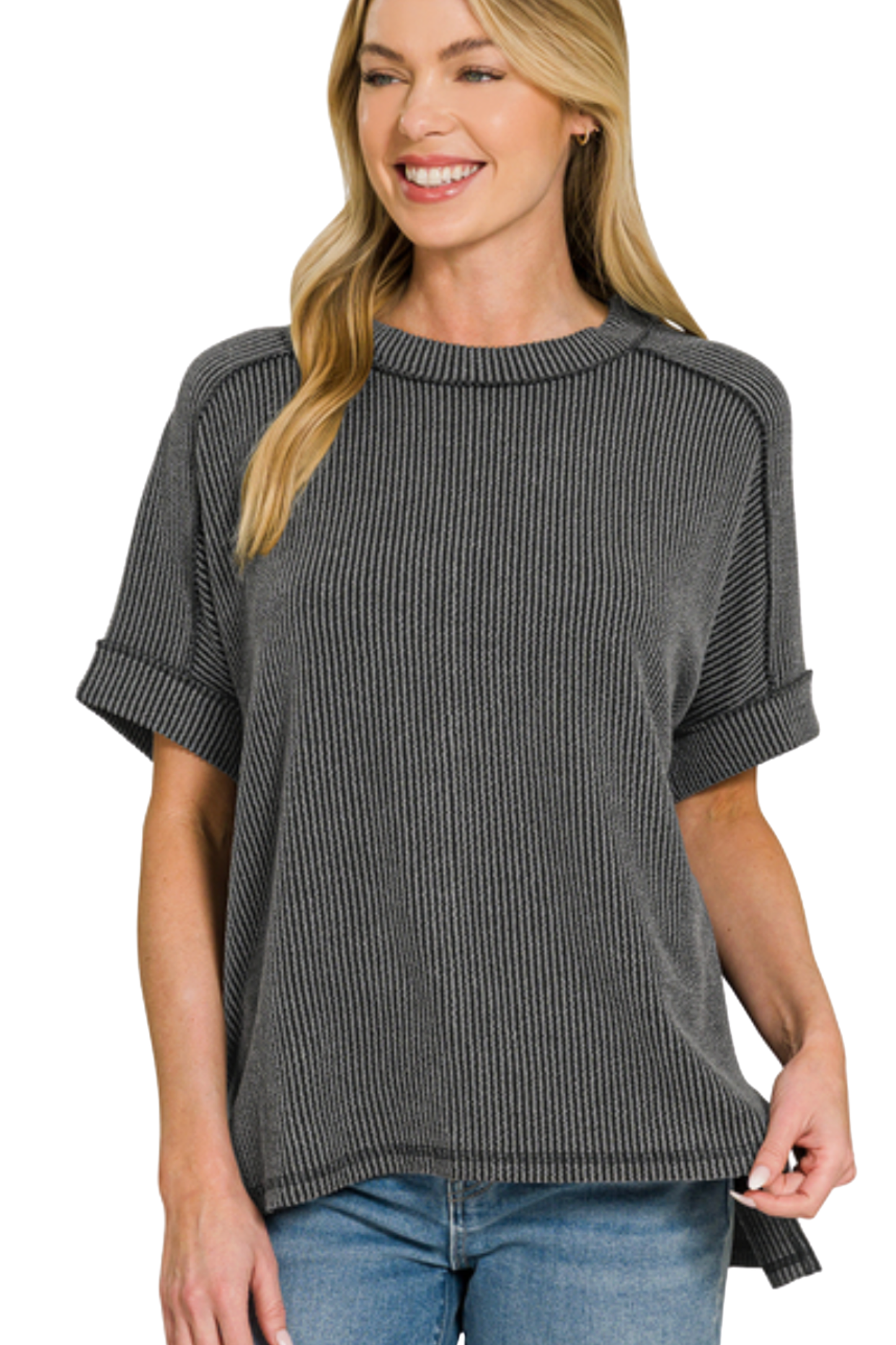 Relaxed Raised Rib Tee with Cuff Sleeves