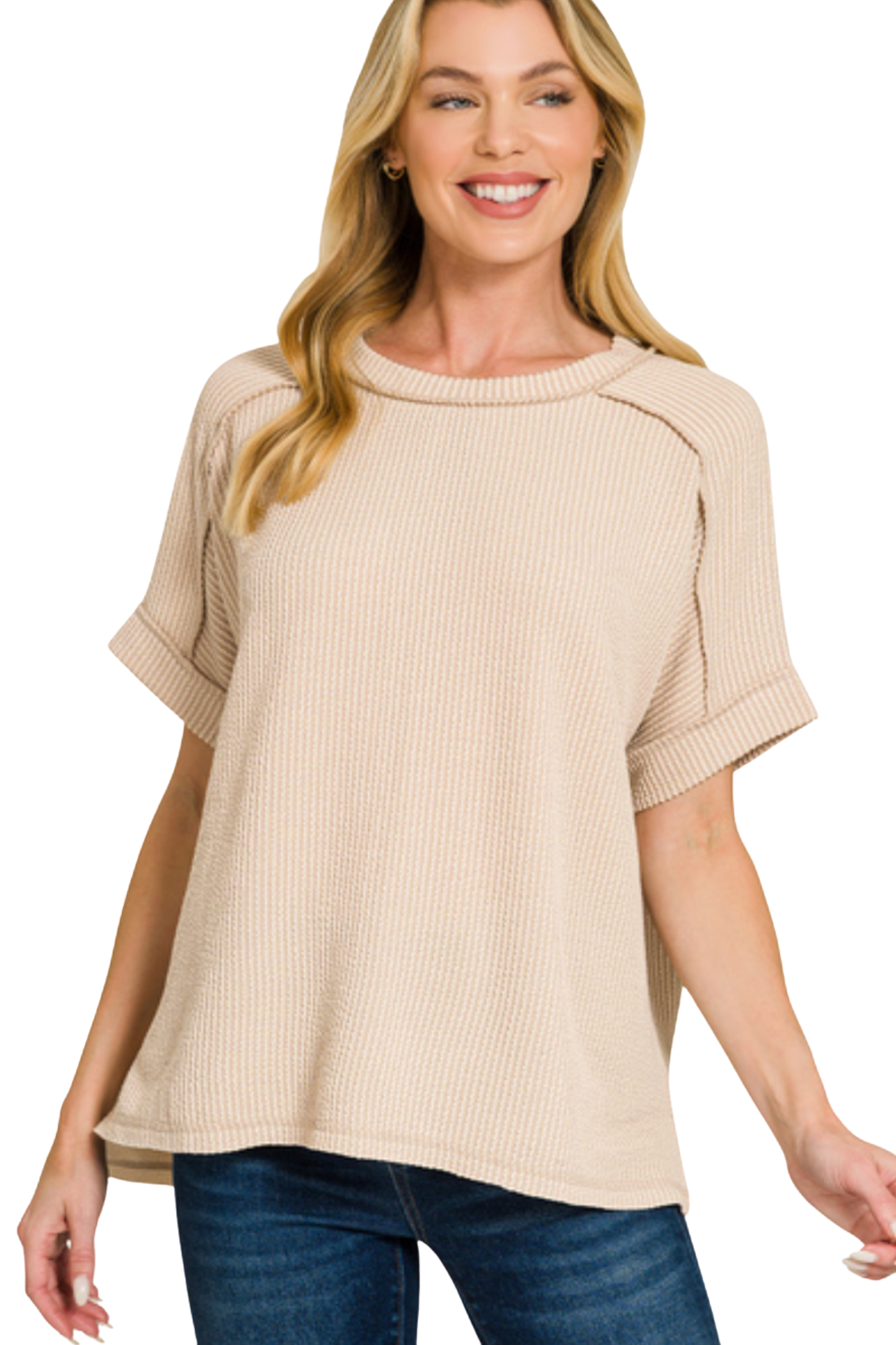 Relaxed Raised Rib Tee with Cuff Sleeves