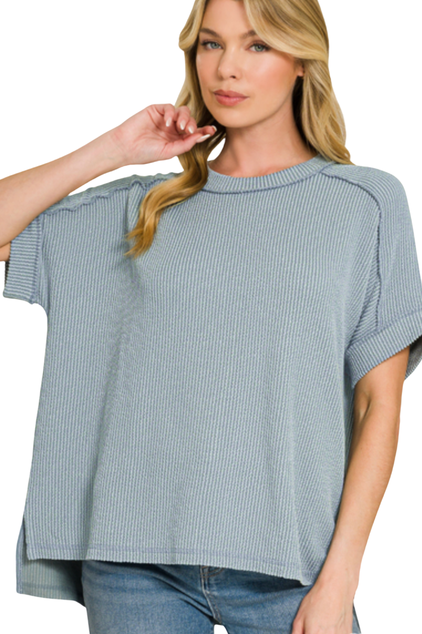 Relaxed Raised Rib Tee with Cuff Sleeves