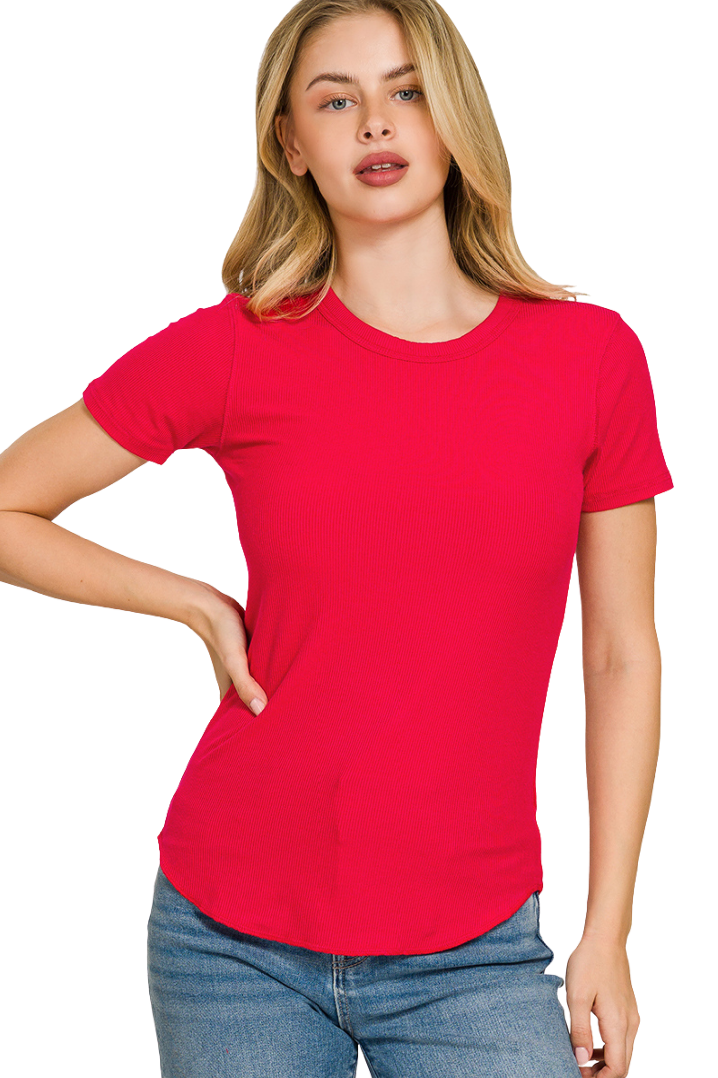 Ribbed Curved Hem Crew Neck Tee