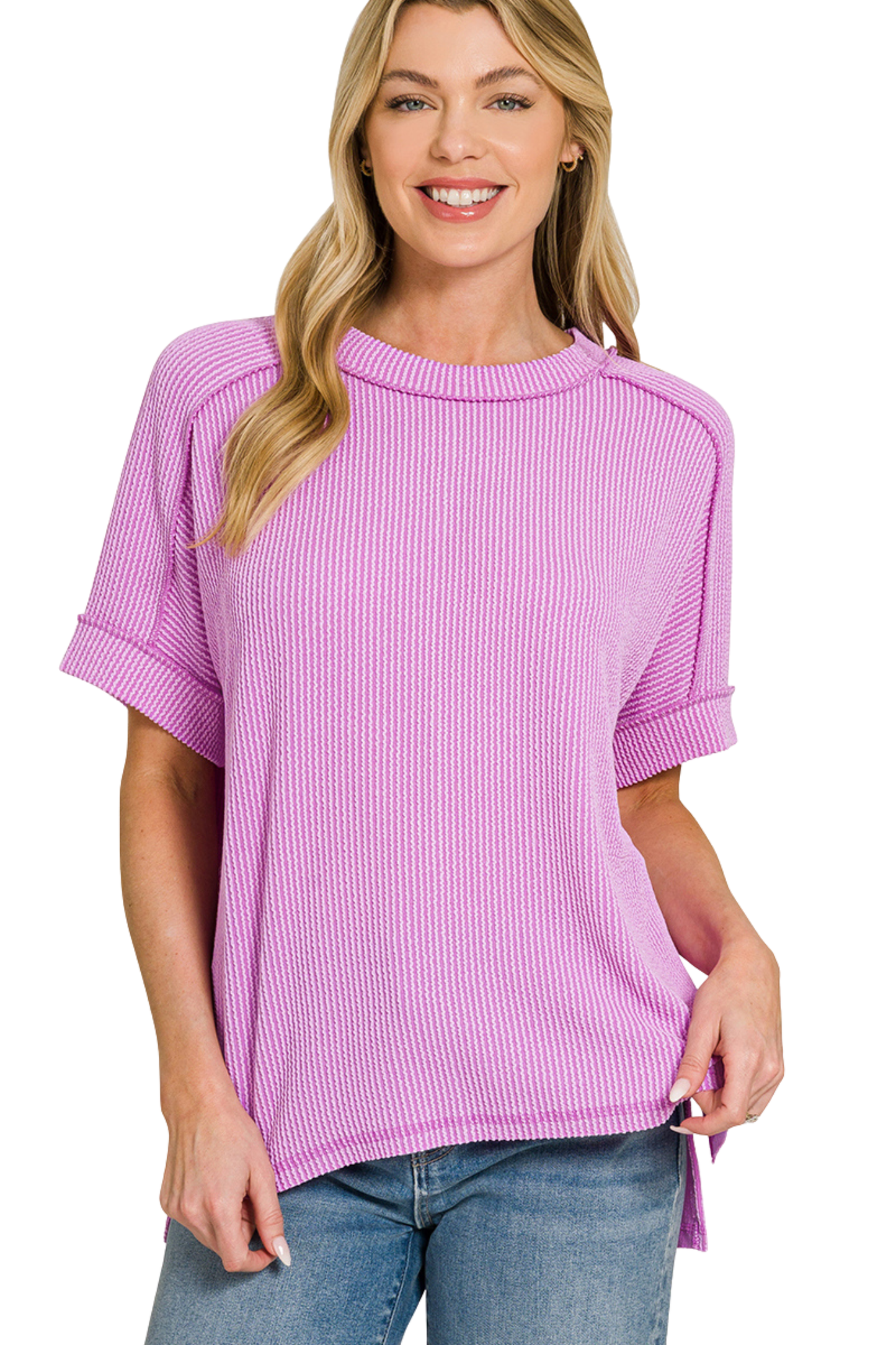 Relaxed Raised Rib Tee with Cuff Sleeves