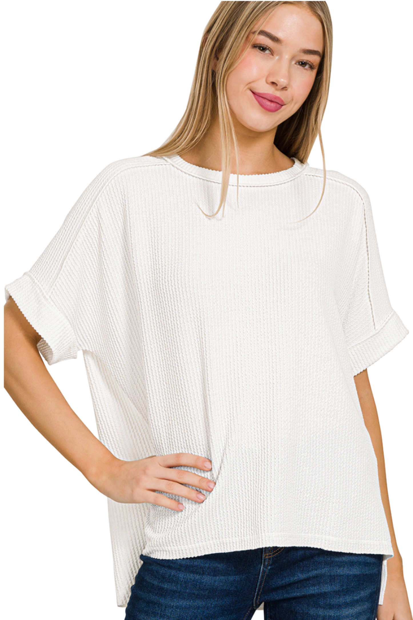 Relaxed Raised Rib Tee with Cuff Sleeves