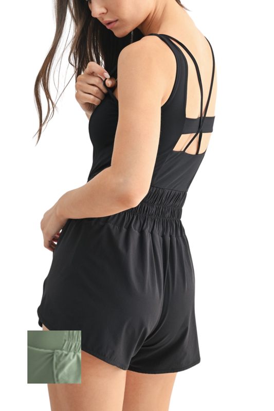 Active Sleeveless Shortsie with Cinched Waist and Built in Bra
