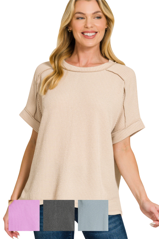 Relaxed Raised Rib Tee with Cuff Sleeves