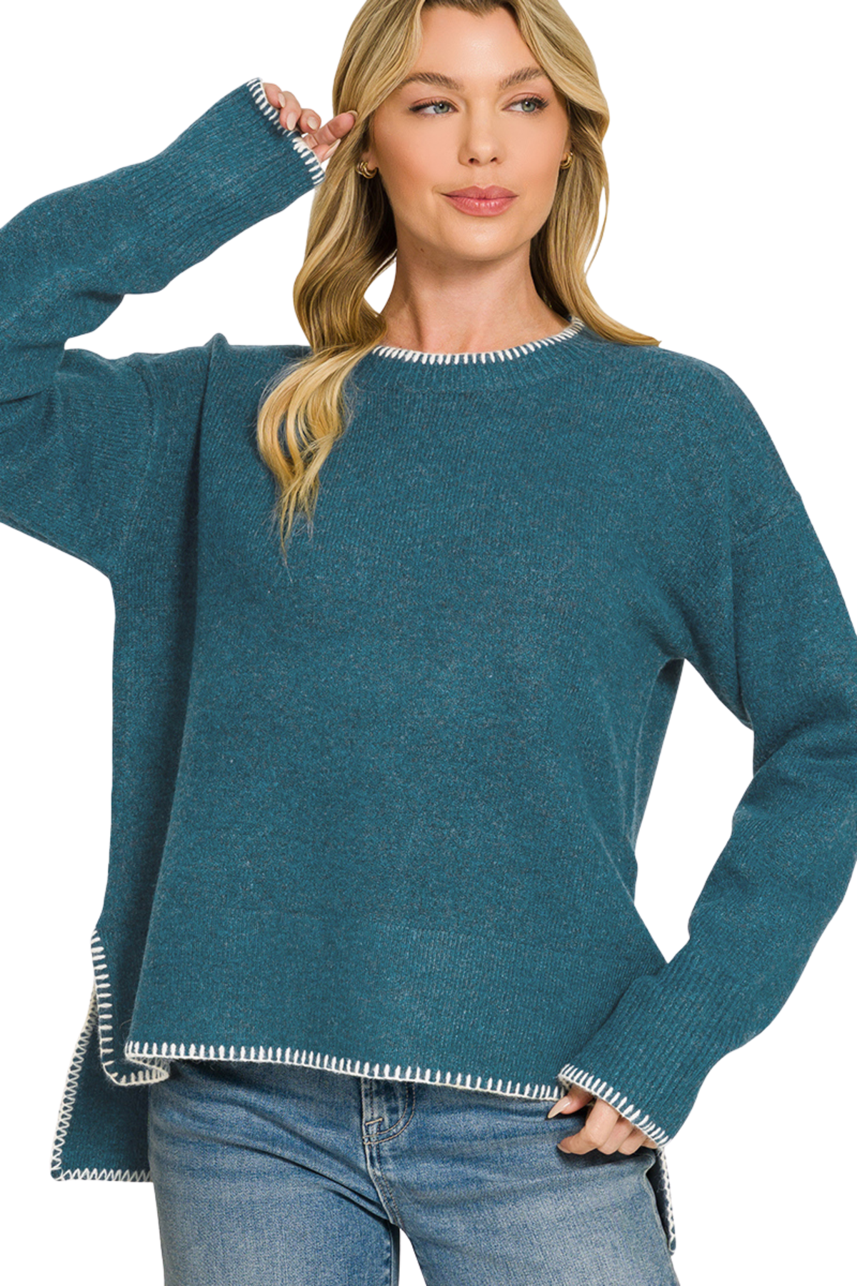 Contrast Stitch Knit High Low Sweater