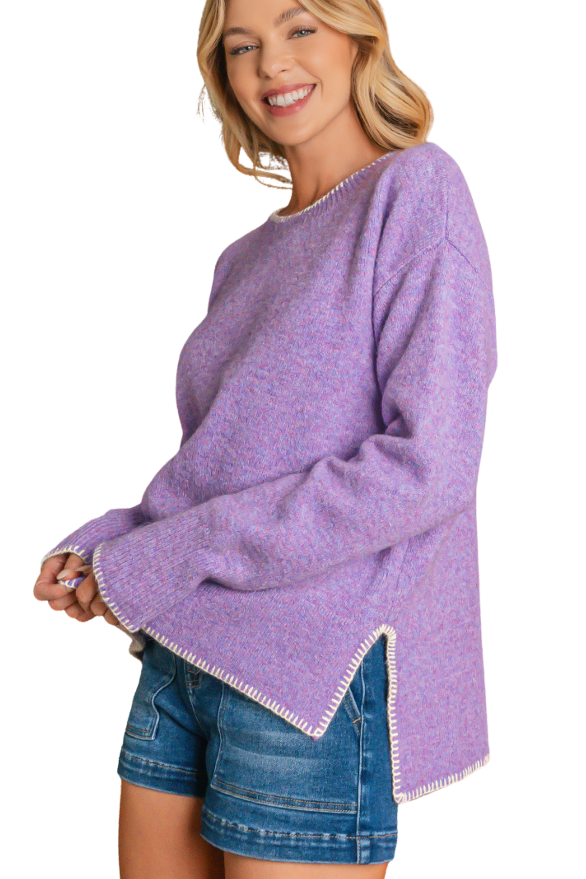 Contrast Stitch Knit High Low Sweater