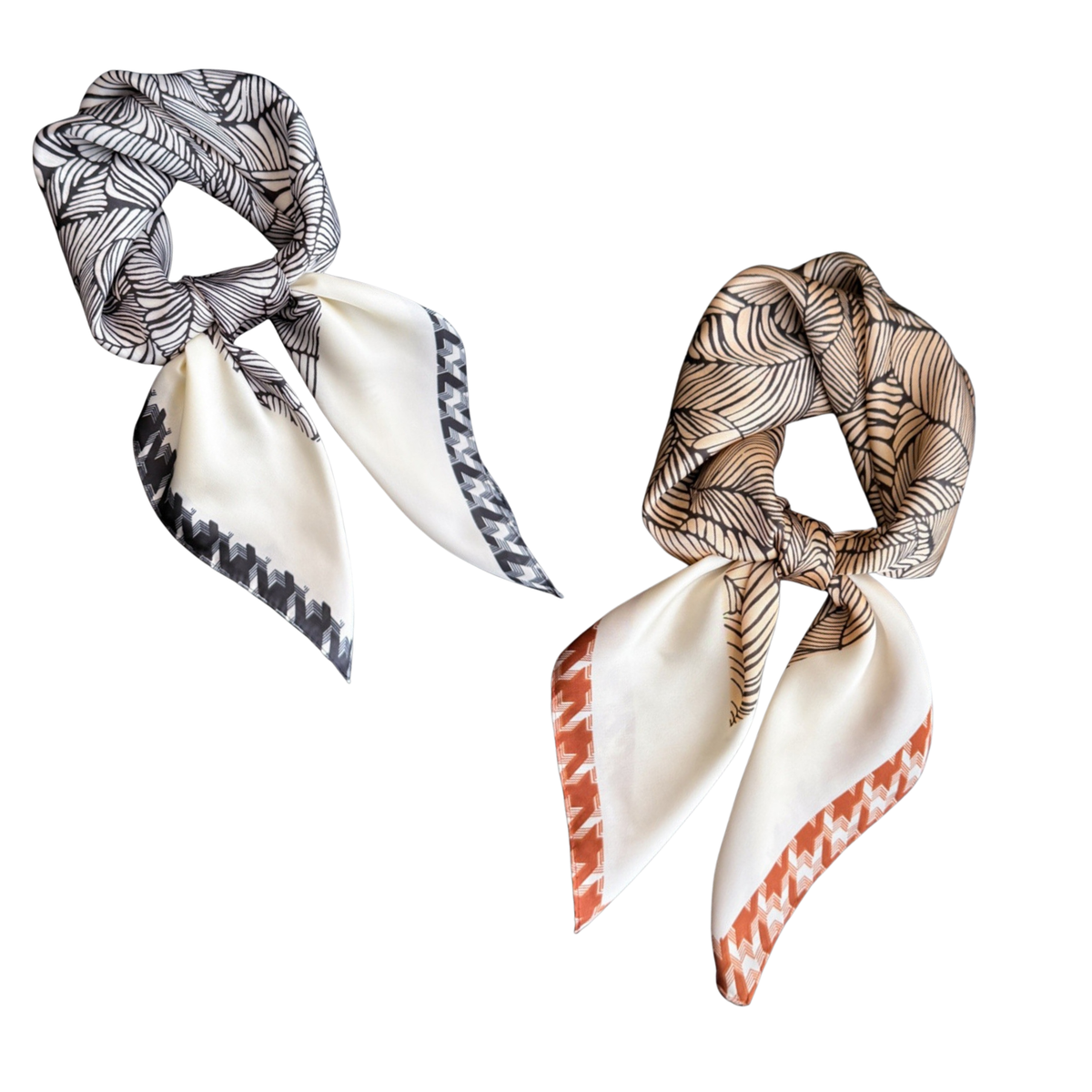 Abstract Leaf Print Bandana With Houndstooth Trim