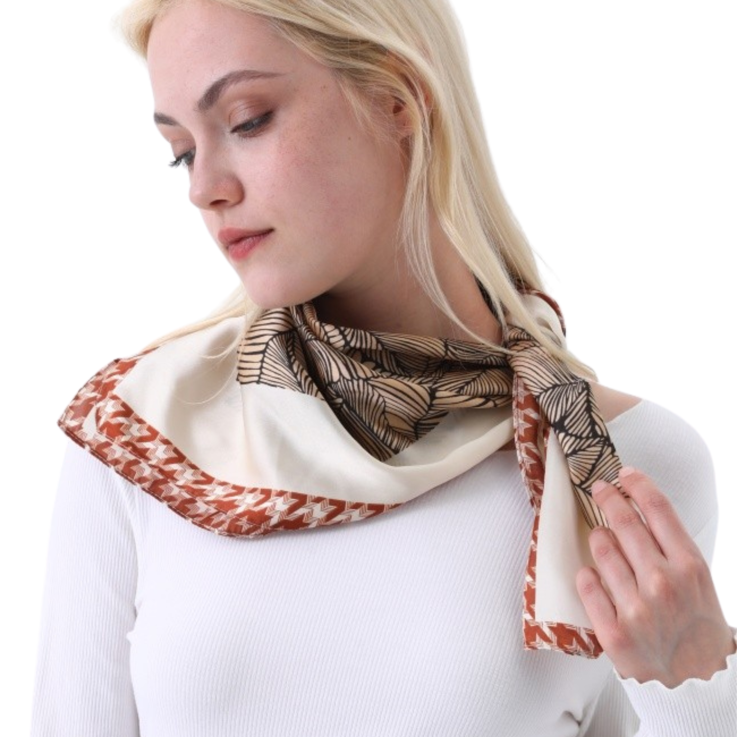Abstract Leaf Print Bandana With Houndstooth Trim