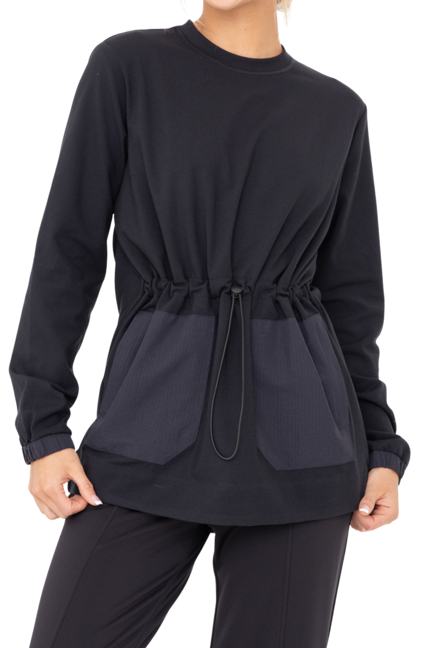 Brushed Front Pocket Tunic Top with Cinched Waist