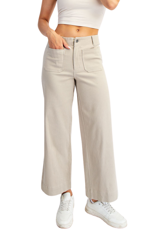 Cotton Twill Wide Leg Ankle Length Pants with Front Pockets