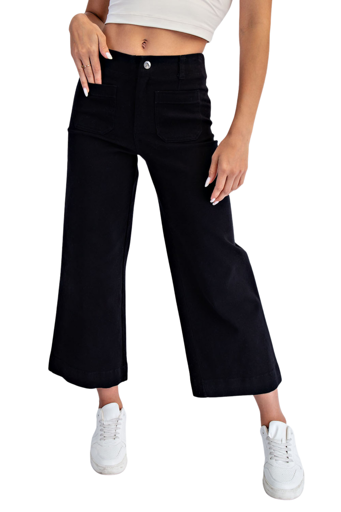 Cotton Twill Wide Leg Ankle Length Pants with Front Pockets