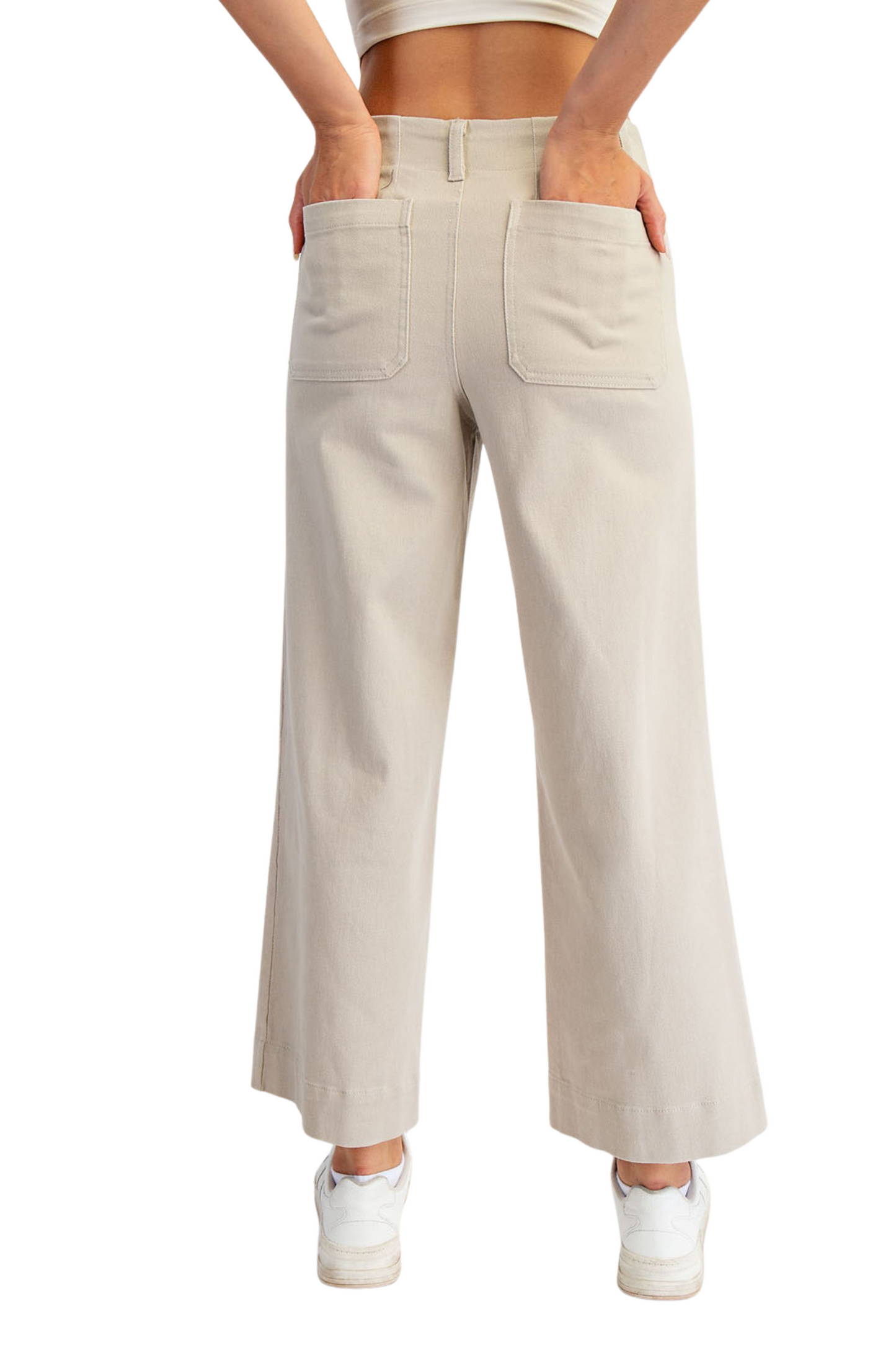 Cotton Twill Wide Leg Ankle Length Pants with Front Pockets