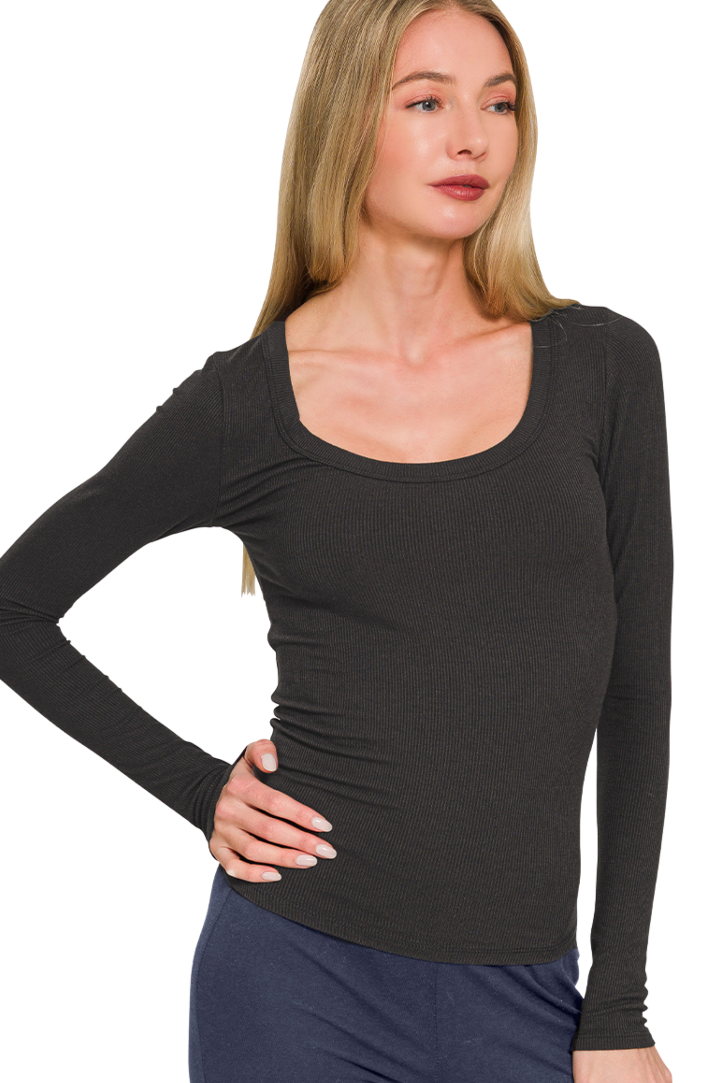 Ribbed Scoop Neck Long Fitted Sleeve Tee