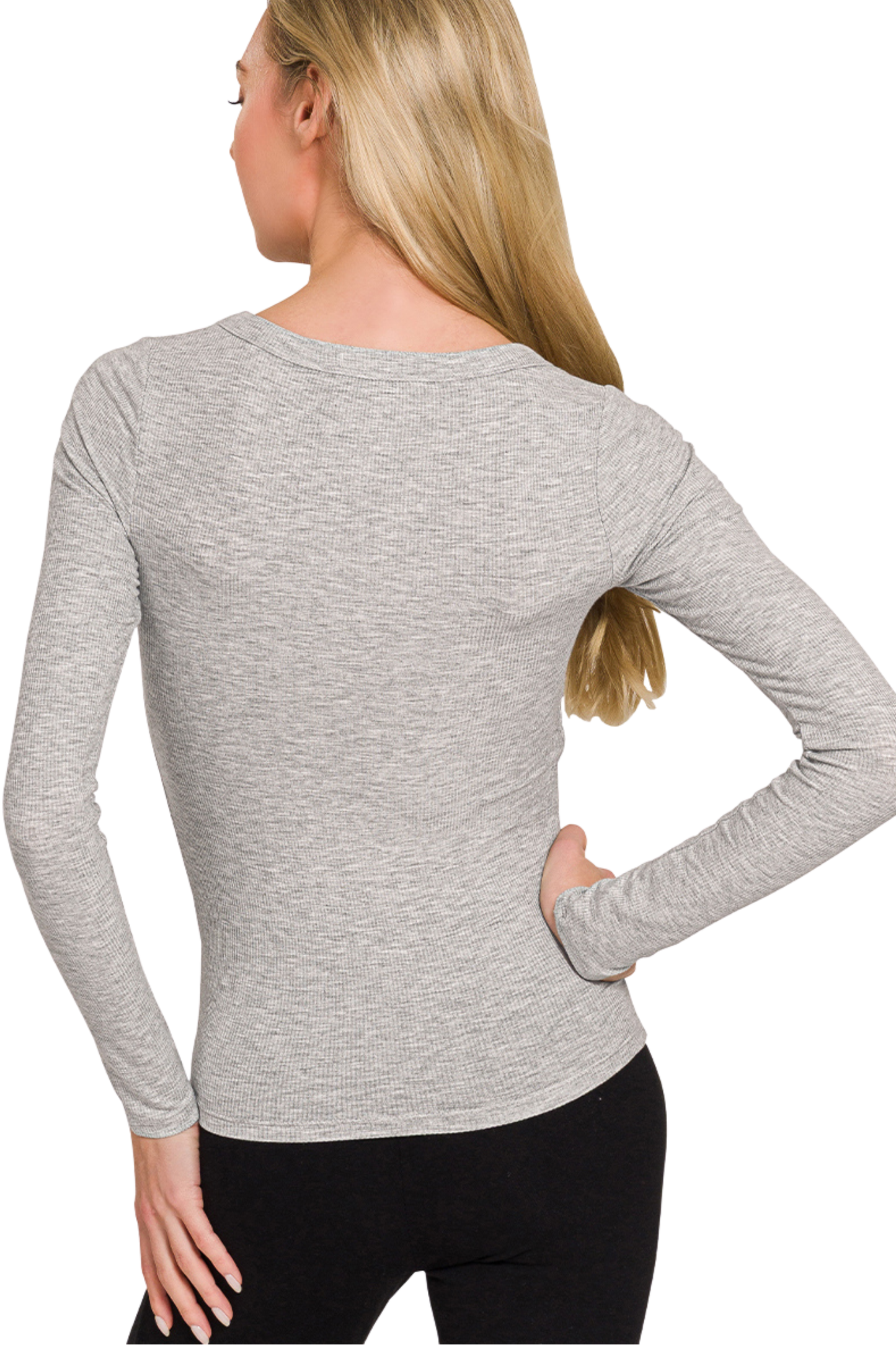 Ribbed Scoop Neck Long Fitted Sleeve Tee