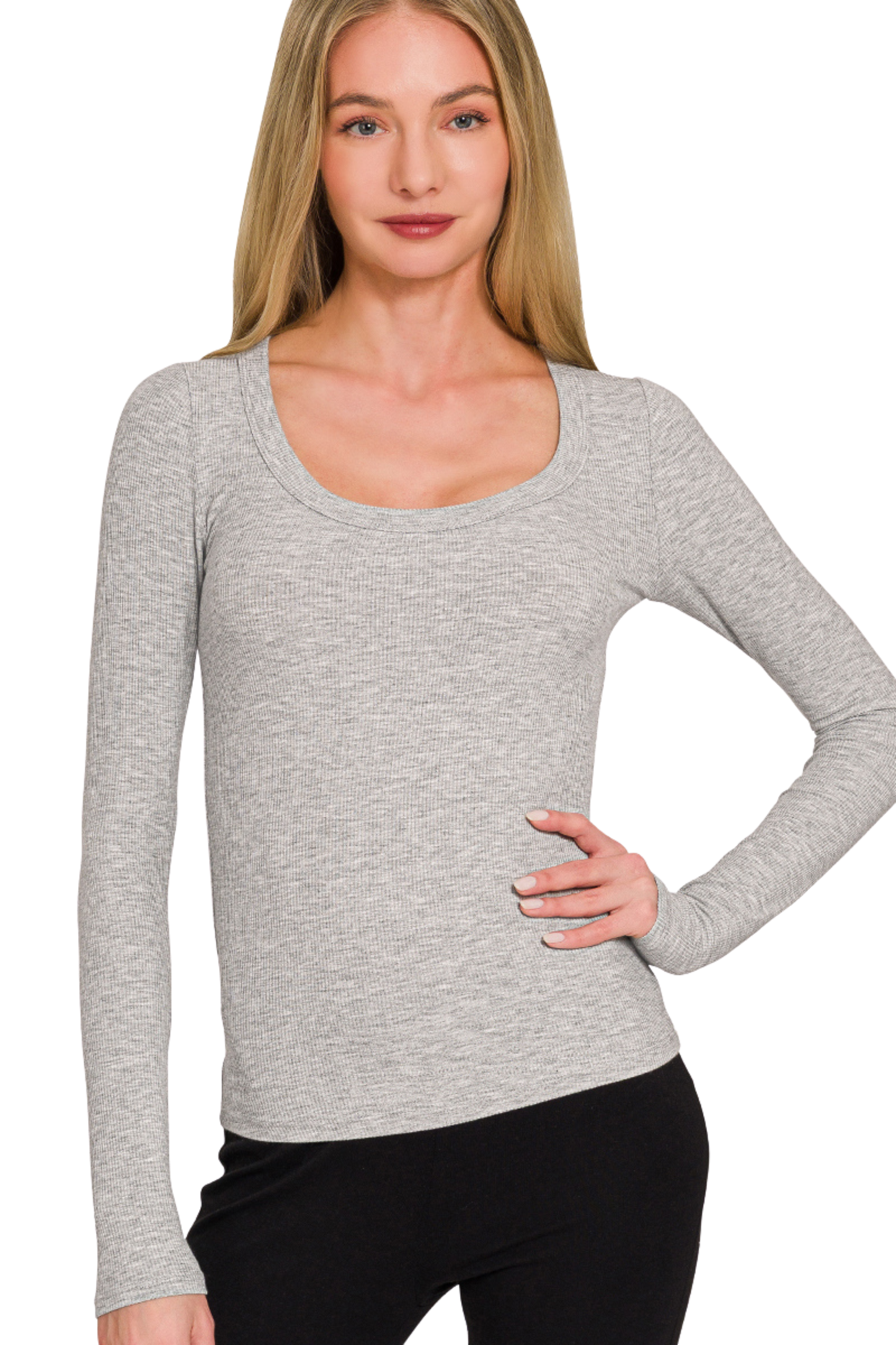 Ribbed Scoop Neck Long Fitted Sleeve Tee