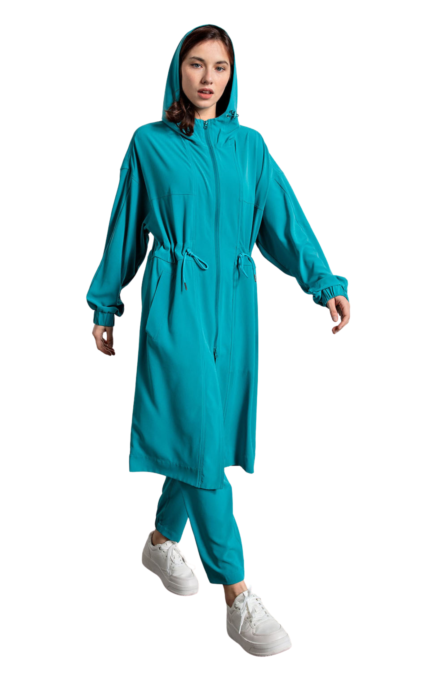 Crinkle Woven Long Full Zip Jacket with Hood