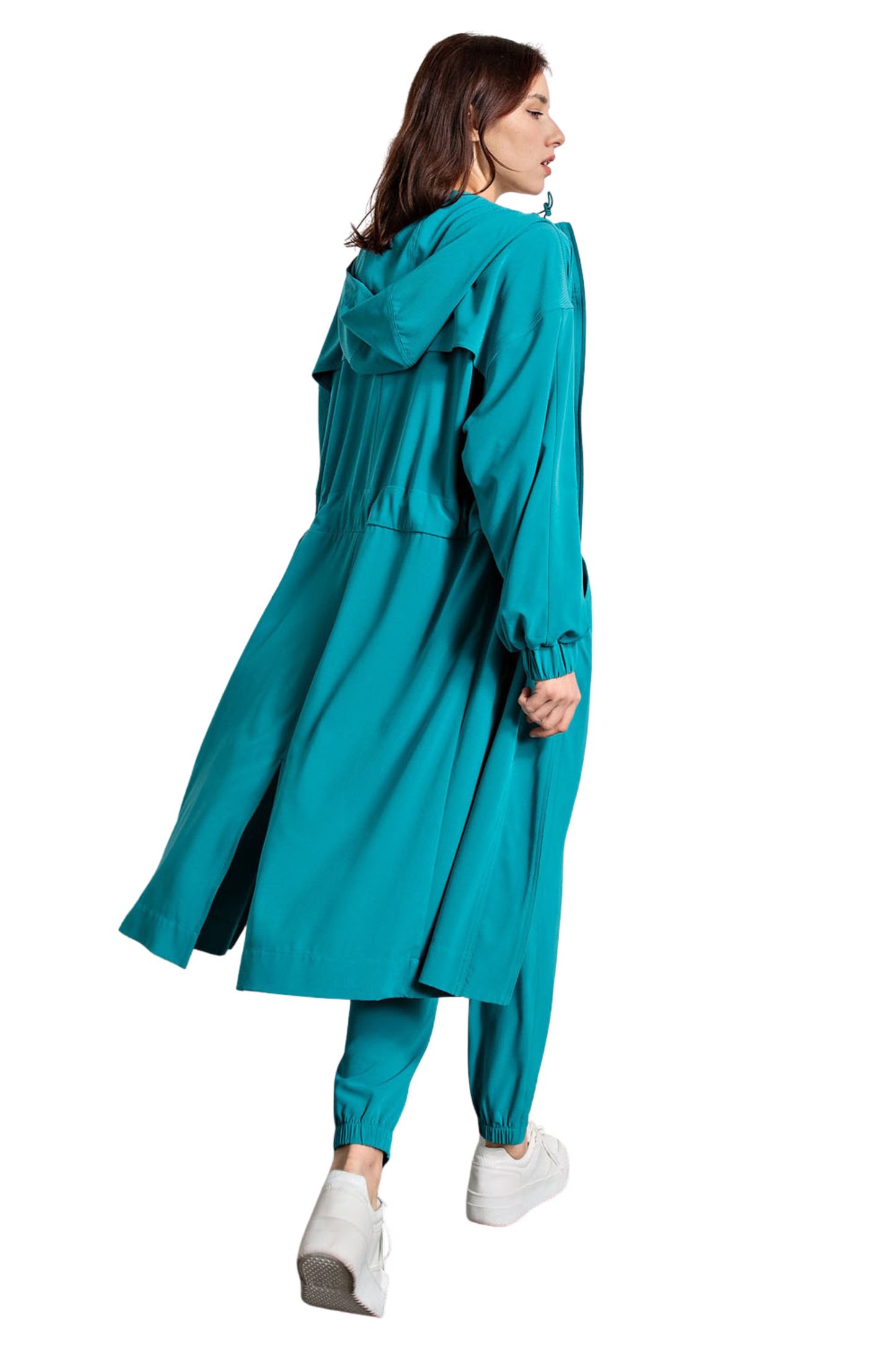 Crinkle Woven Long Full Zip Jacket with Hood