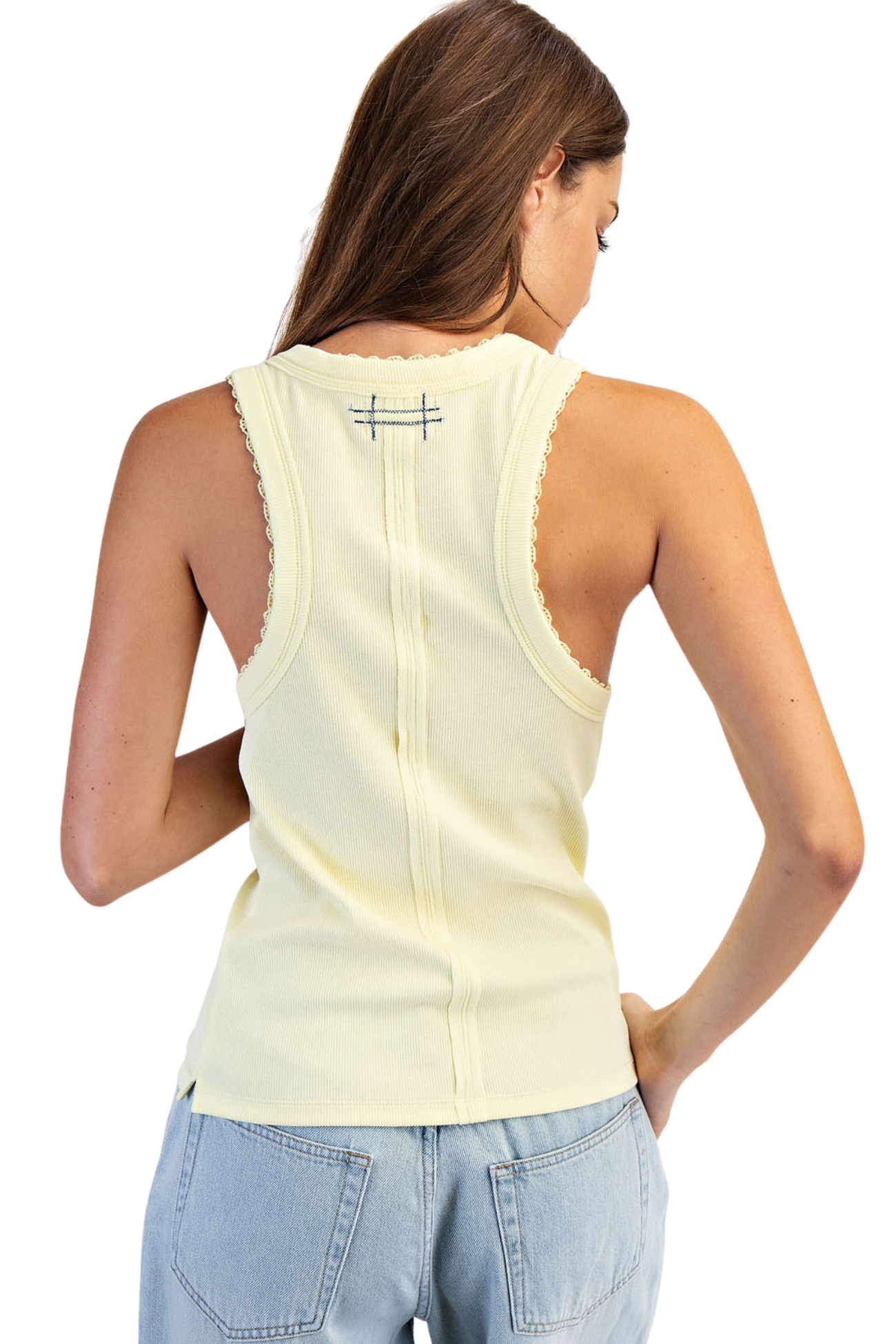 Ribbed Knit Racerback Tank with Lace Neckline