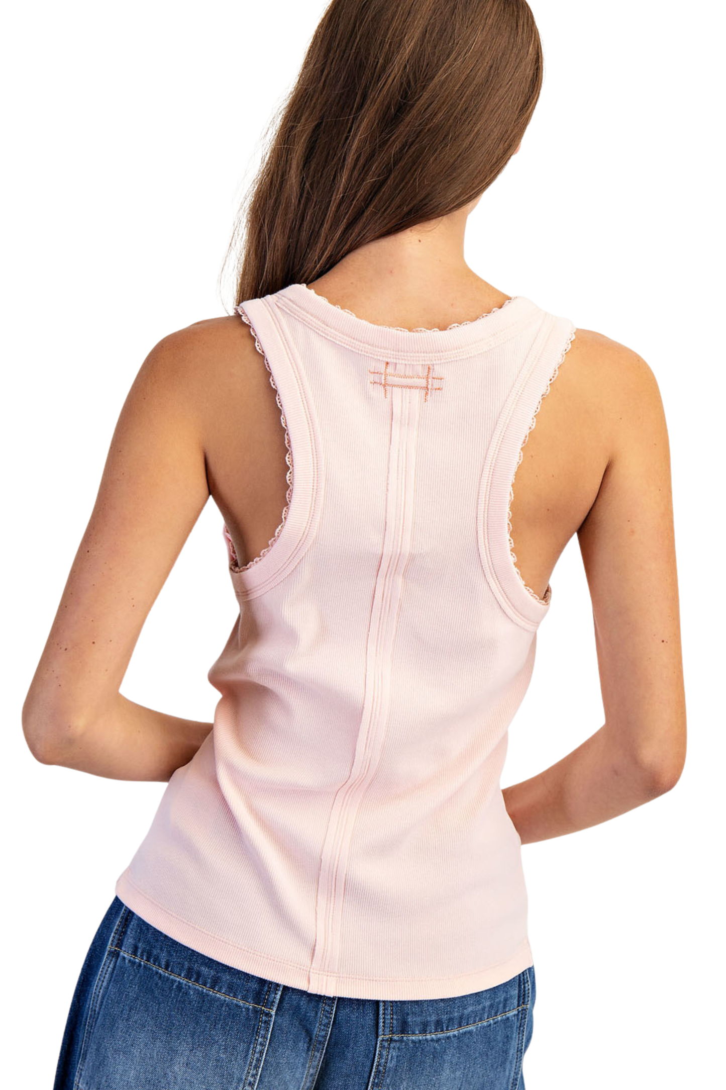 Ribbed Knit Racerback Tank with Lace Neckline