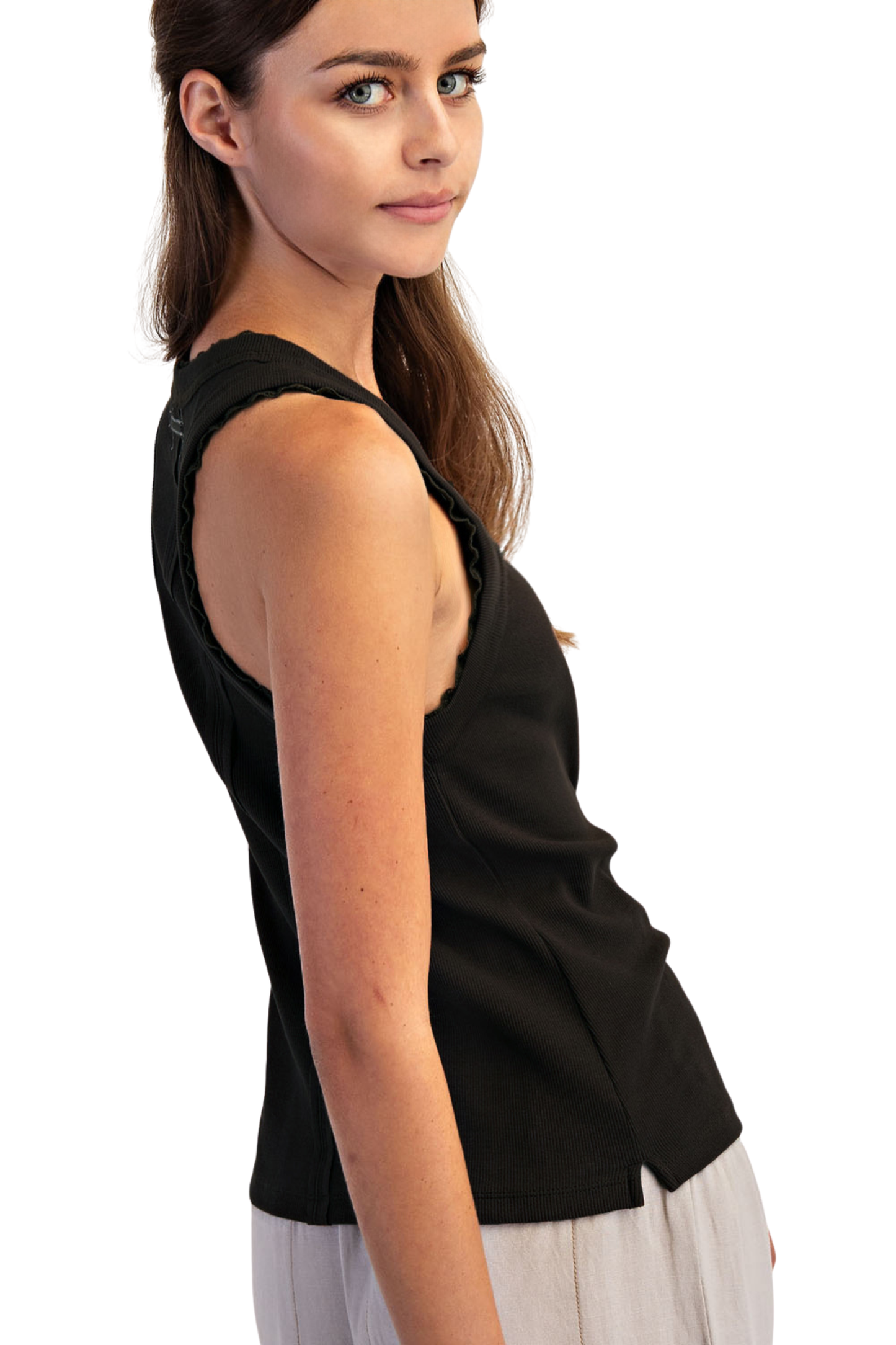 Ribbed Knit Racerback Tank with Lace Neckline