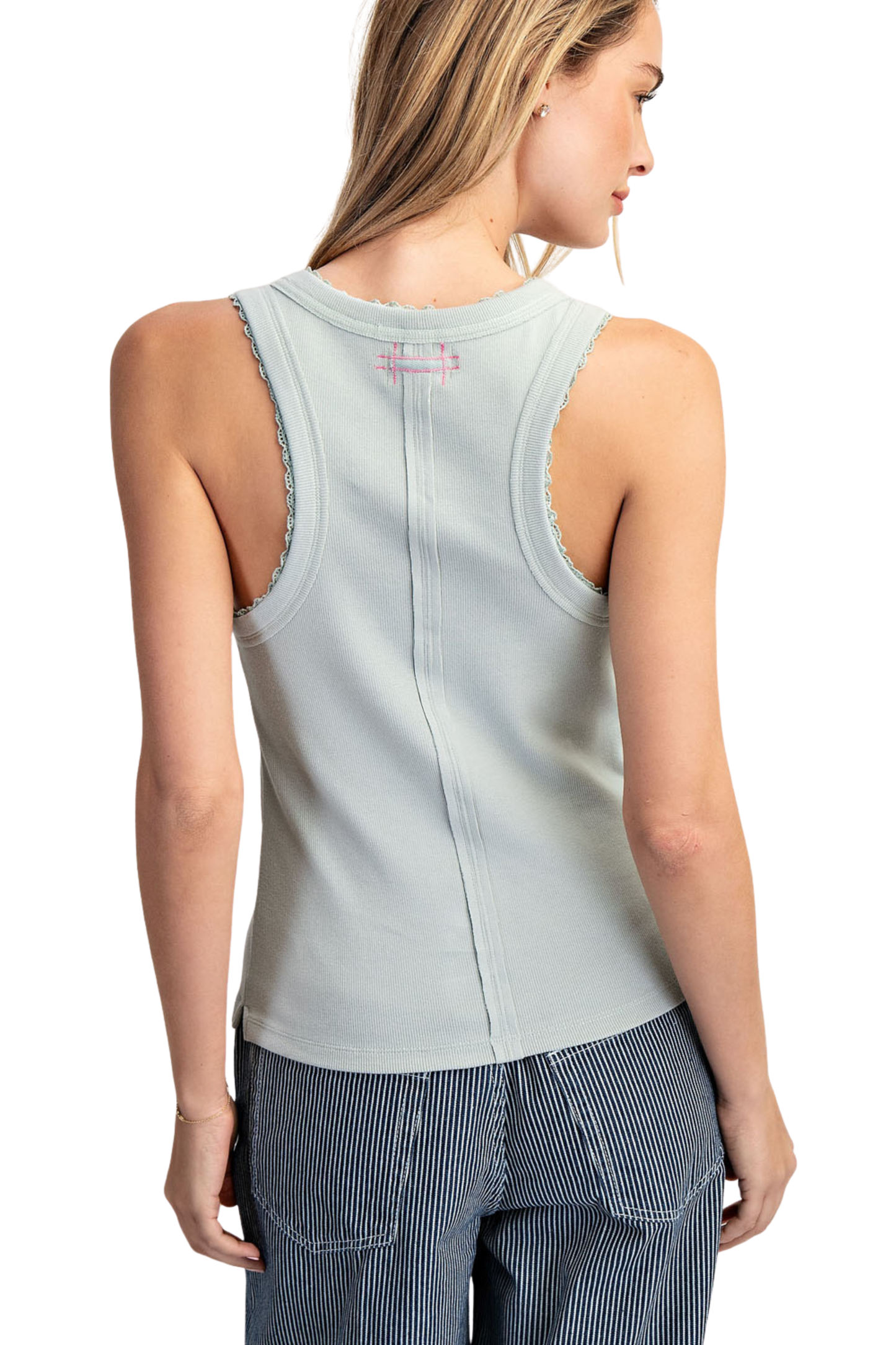 Ribbed Knit Racerback Tank with Lace Neckline