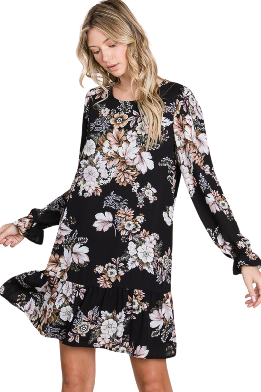Floral Long Sleeve Shift Dress with Ruffle Details