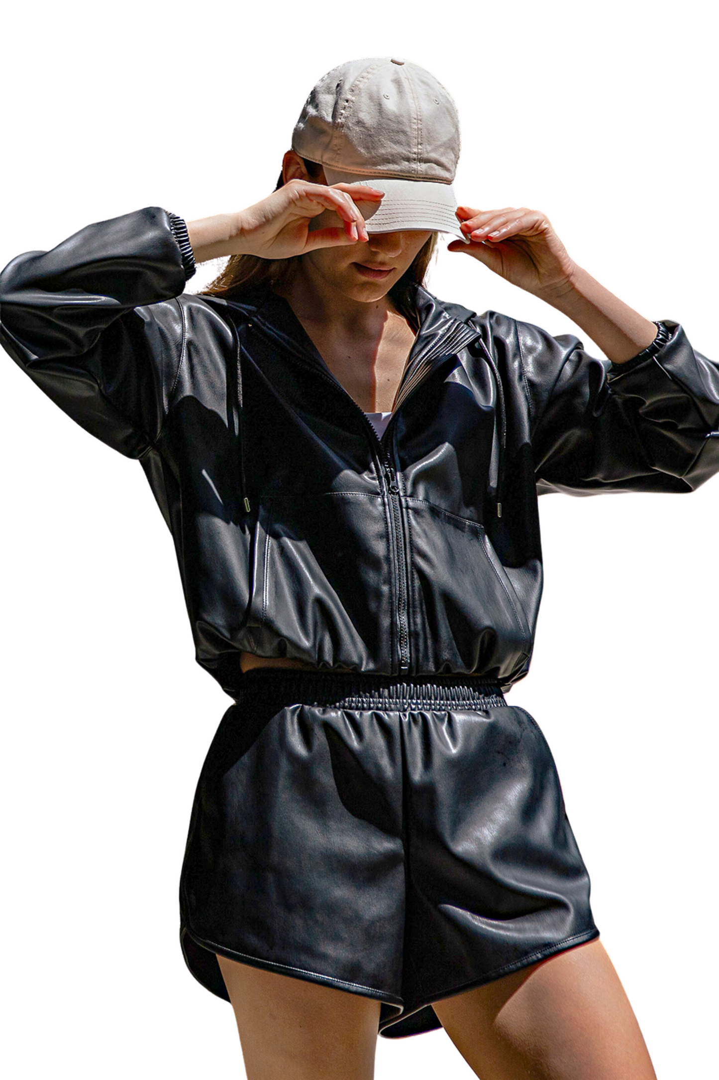 Vegan Leather Cropped Jacket with Hood