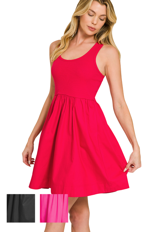 Ribbed & Woven Tank Mini Dress
