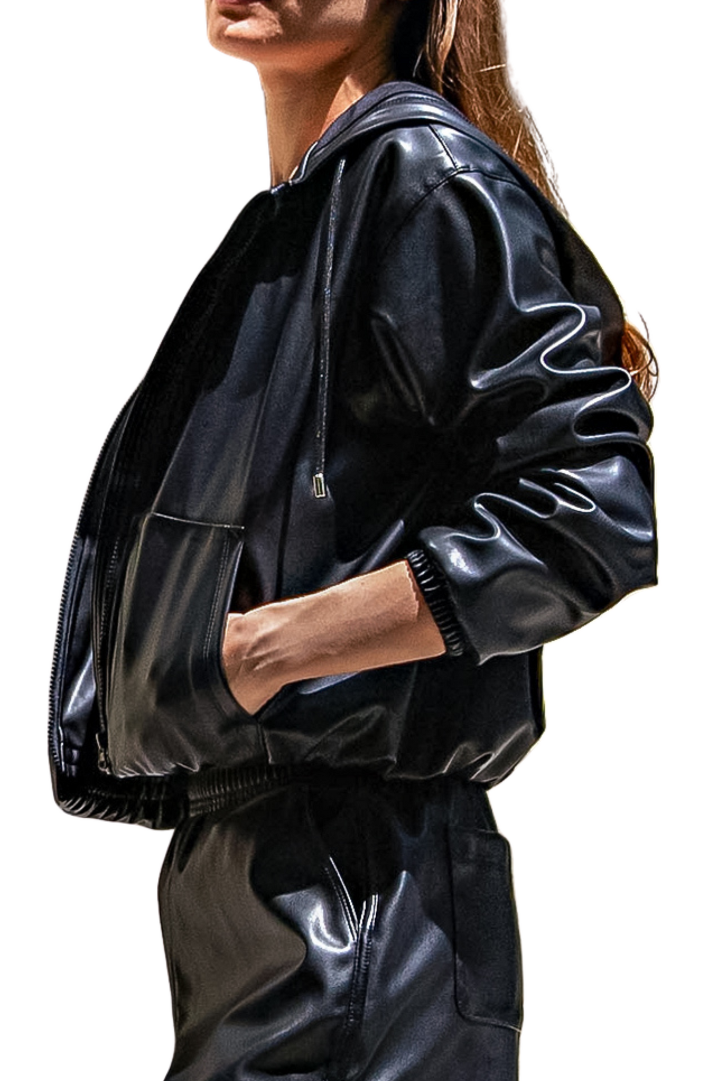 Vegan Leather Cropped Jacket with Hood