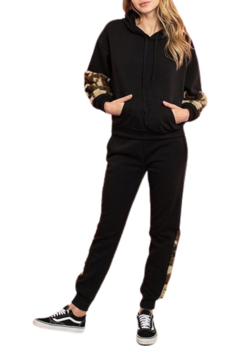 Camo Faux Fur Contrast Hoodie and Pant Set
