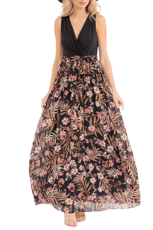 Sleeveless Surplice Self Tie Ruffle Floral Maxi Dress