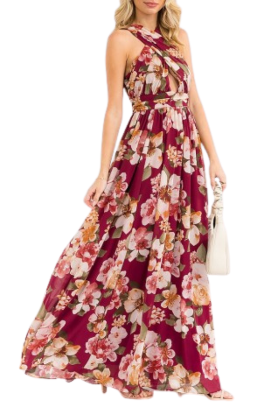 Sleeveless Front Key Hole Floral Maxi Dress